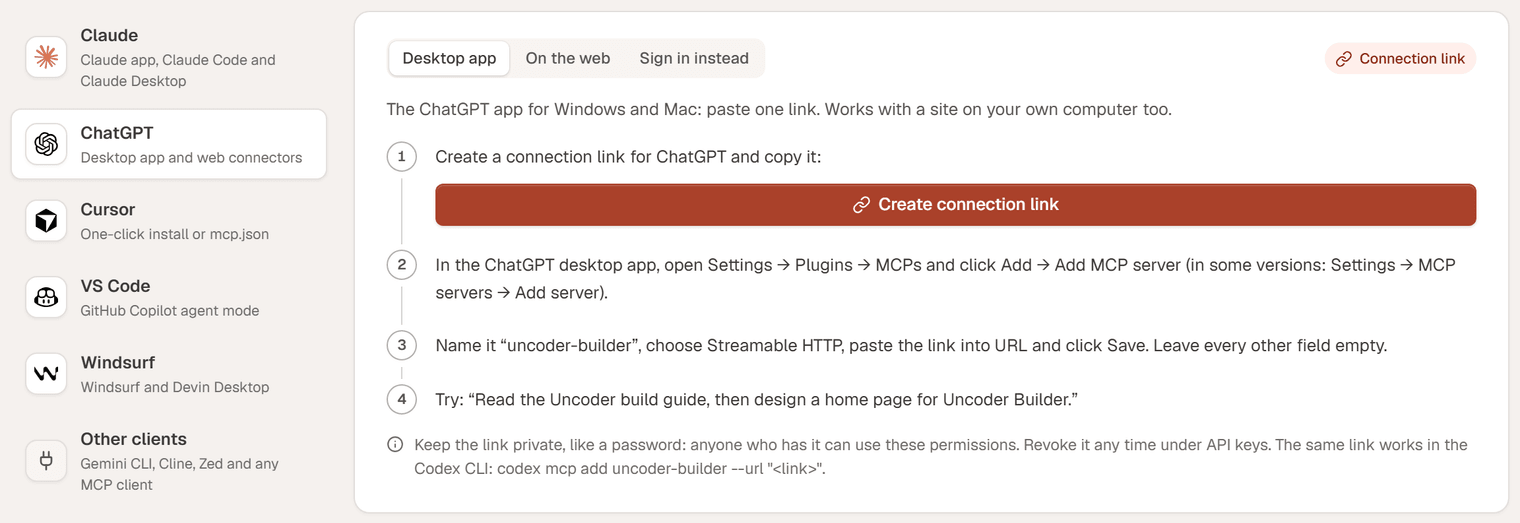 The ChatGPT instructions in Uncoder: the Desktop app · link method with a Create connection link button and its steps, next to the Desktop app · sign in and ChatGPT on the web tabs