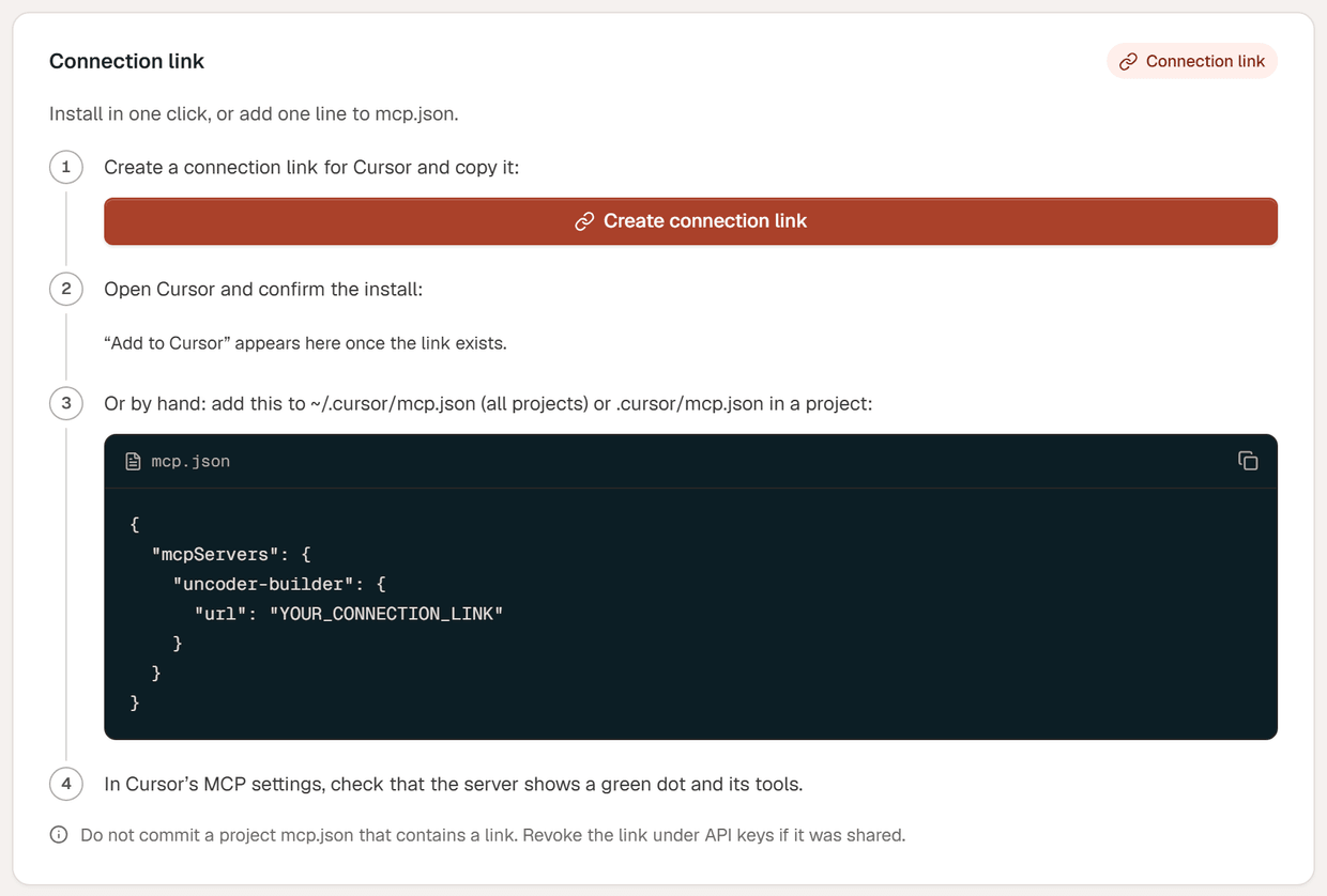 The Cursor instructions: Create connection link, an Add to Cursor button, an mcp.json entry with the url, and a check in Cursor's MCP settings