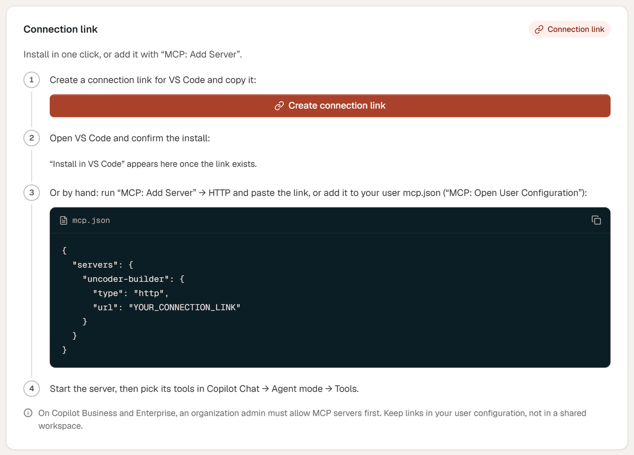 The VS Code instructions: Create connection link, an Install in VS Code button, and an mcp.json entry with type http and the url