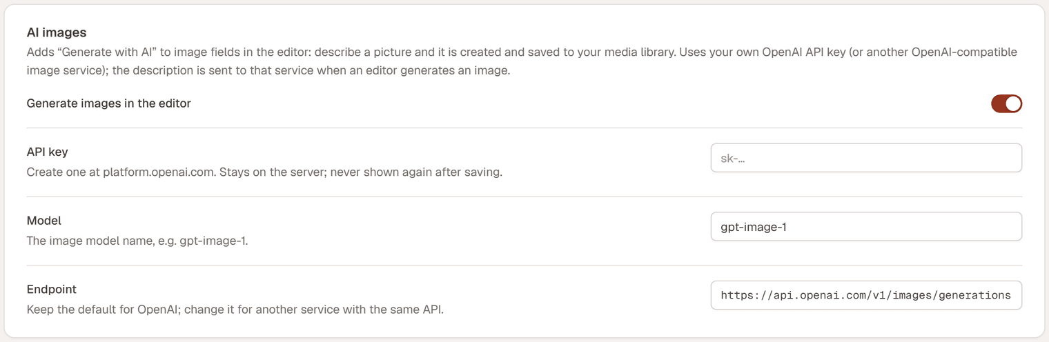 The AI images card with Generate images in the editor turned on and the API key, Model and Endpoint fields