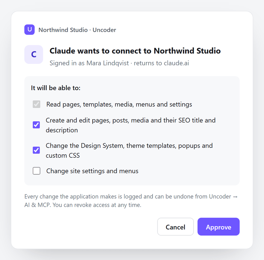 The approval screen: Claude wants to connect to Northwind Studio, with four permissions, Read checked and locked, Content and Design checked, Site unchecked, and the buttons Cancel and Approve