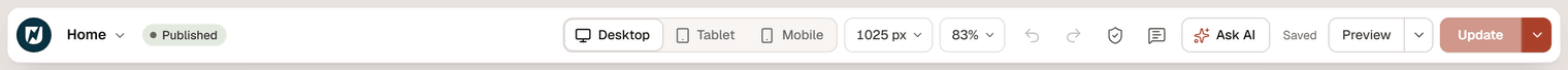 The editor top bar with the Uncoder menu, the page title Home, the Published badge, the Desktop, Tablet and Mobile buttons, canvas width and zoom, undo and redo, Checks, Notes, Ask AI, the Saved state, Preview and Update