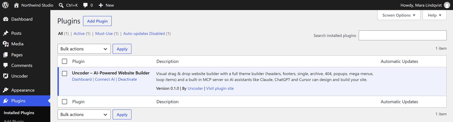 The WordPress Plugins screen with Uncoder active, showing its version and the Dashboard and Connect AI links