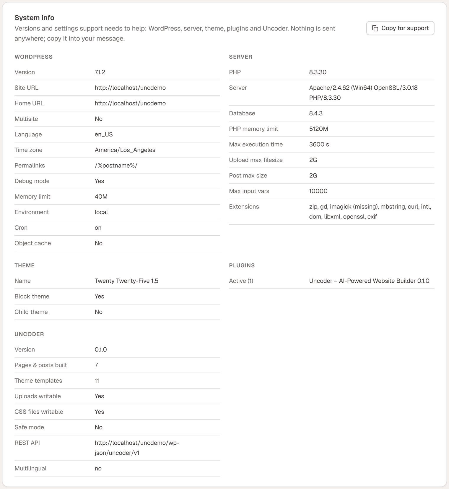 The System info card with sections WordPress, Server, Theme, Plugins and Uncoder, and the Copy for support button